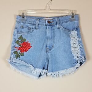 Vibrant M.I.U Rose Embroidered Denim Shorts